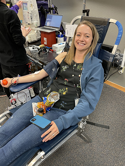 Image of a Pulse employee donating blood at a Vitalant blood drive hosted at Pulse.